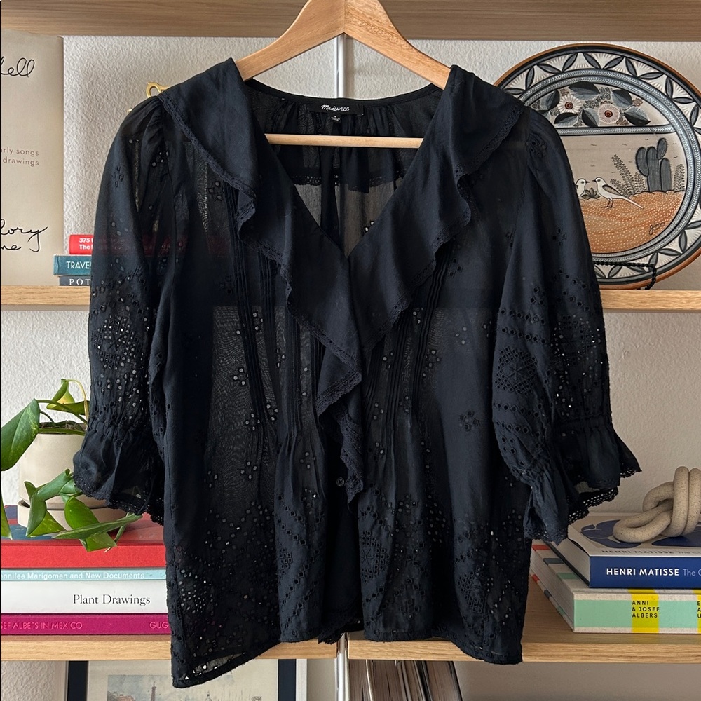 Madewell Black Pintucked Ruffled Puff-Sleeve Top Small